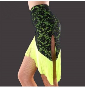 Green black fuchsia hot pink lace patchwork side split fringes sexy fashion women's ladies female latin salsa cha cha dance skirts 